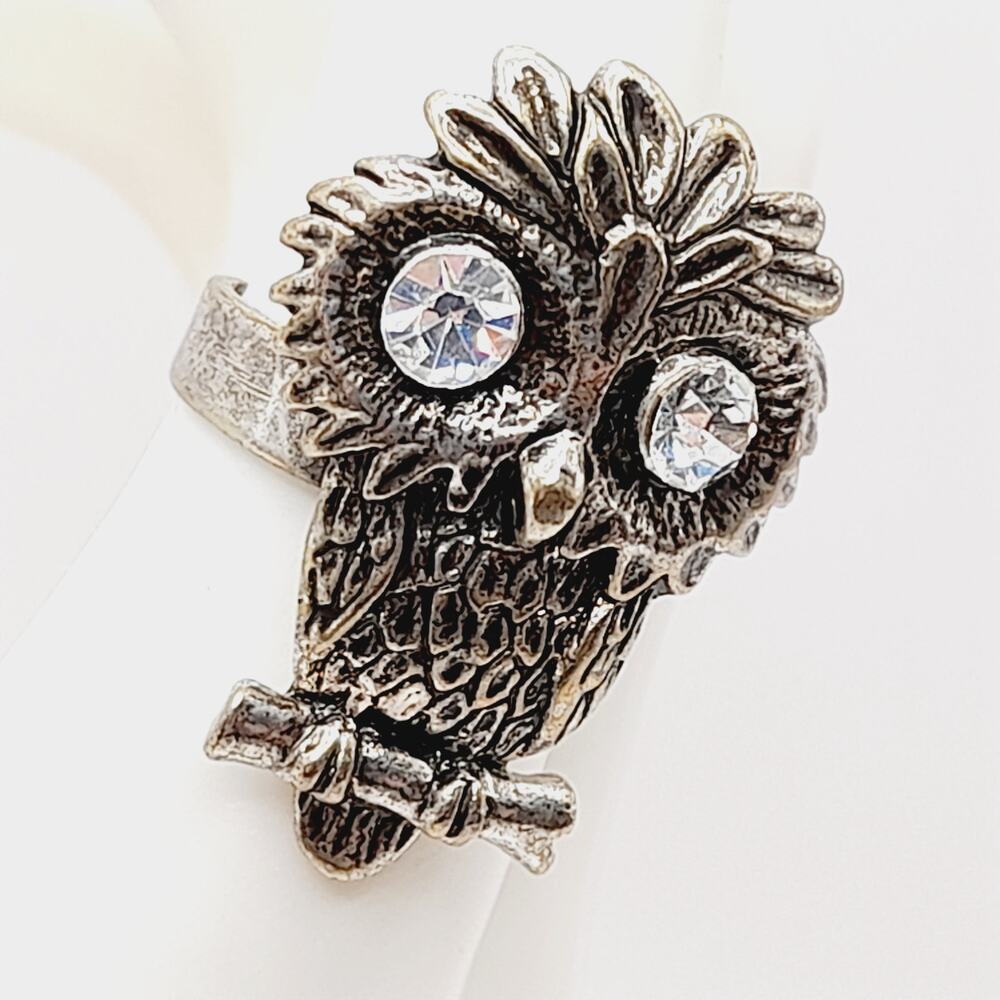 Vintage Silver Tone Owl Ring Adjustable Clear Rhinestone Eyes Size 7